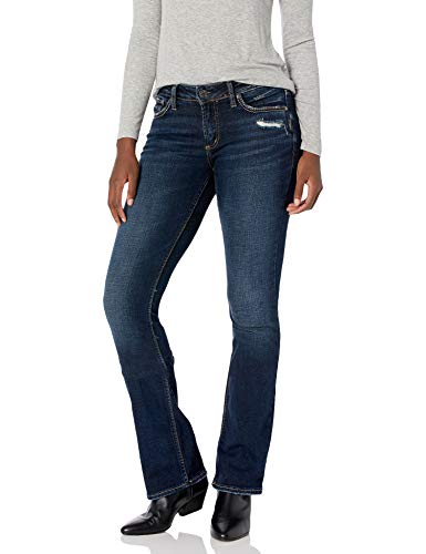 Silver Jeans Co. Elyse Curvy Mid Rise Slim Fit Bootcut Jean para mujer, enjuague índigo oscuro desgastado