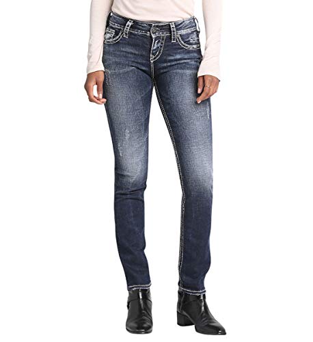 Silver Jeans Co. Suki Curvy Fit Jeans de pierna recta para mujer, lavado oscuro vintage con puntada de lurex, 29 W x 30 L