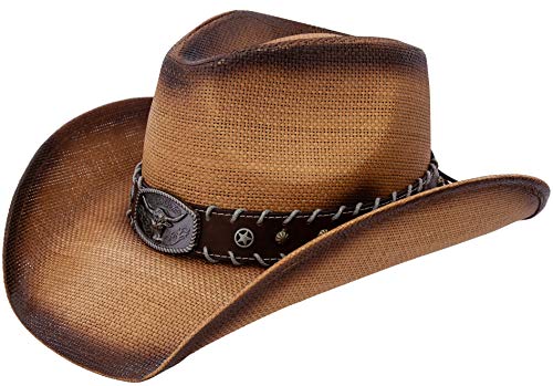 Queue Essentials - Sombrero de vaquero de paja tejida para hombre y mujer, Western Outback con ala ancha (cuerno largo)