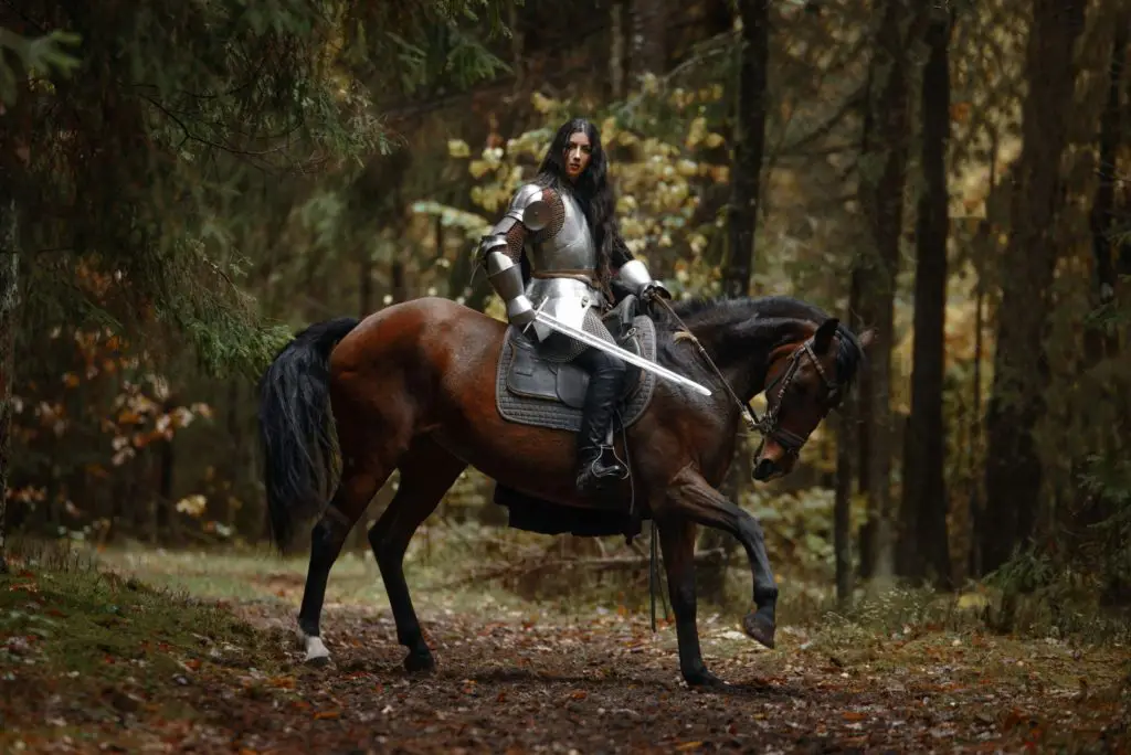 Imagen de un caballero con armadura montando a caballo.
