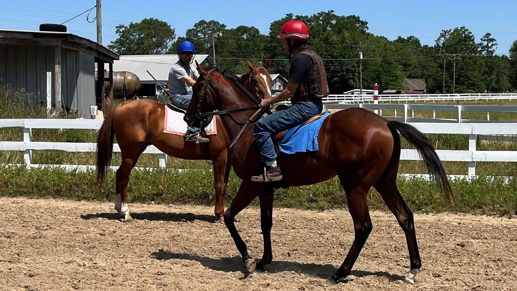 Imagen de dos jinetes en una pista de entrenamiento ejercitando caballos.