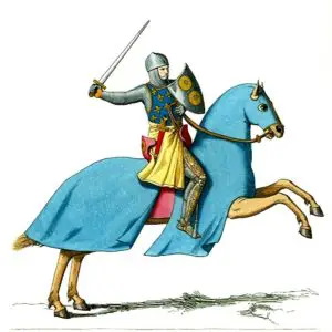 Pintura de un caballero montando un caballo destrier