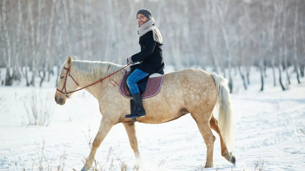 Imagen de una mujer montando su caballo en la nieve del invierno,